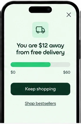 Free delivery goal popup on a phone